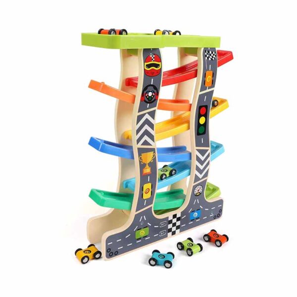 Lewo Kugelbahn Auto Holz mit 8 Fahrzeuge Auto Rennbahn Holz Spielzeug