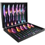 Regenbogen, Schwarz, Silber Edelstahl 24-teiliges Besteckset für 6 Personen, Geschirr, Tafelbesteck, Edelstahlbesteck, Festbesteck, Besteckgarnitur, Campingbesteck, Spülmaschinenfestes, Eleganten Holzbox