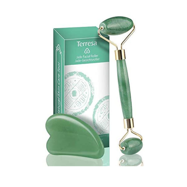 Jade Roller, Gesichtsmassage, Natürlicher Gesichtsroller mit Gua-Sha-Set, Anti Aging