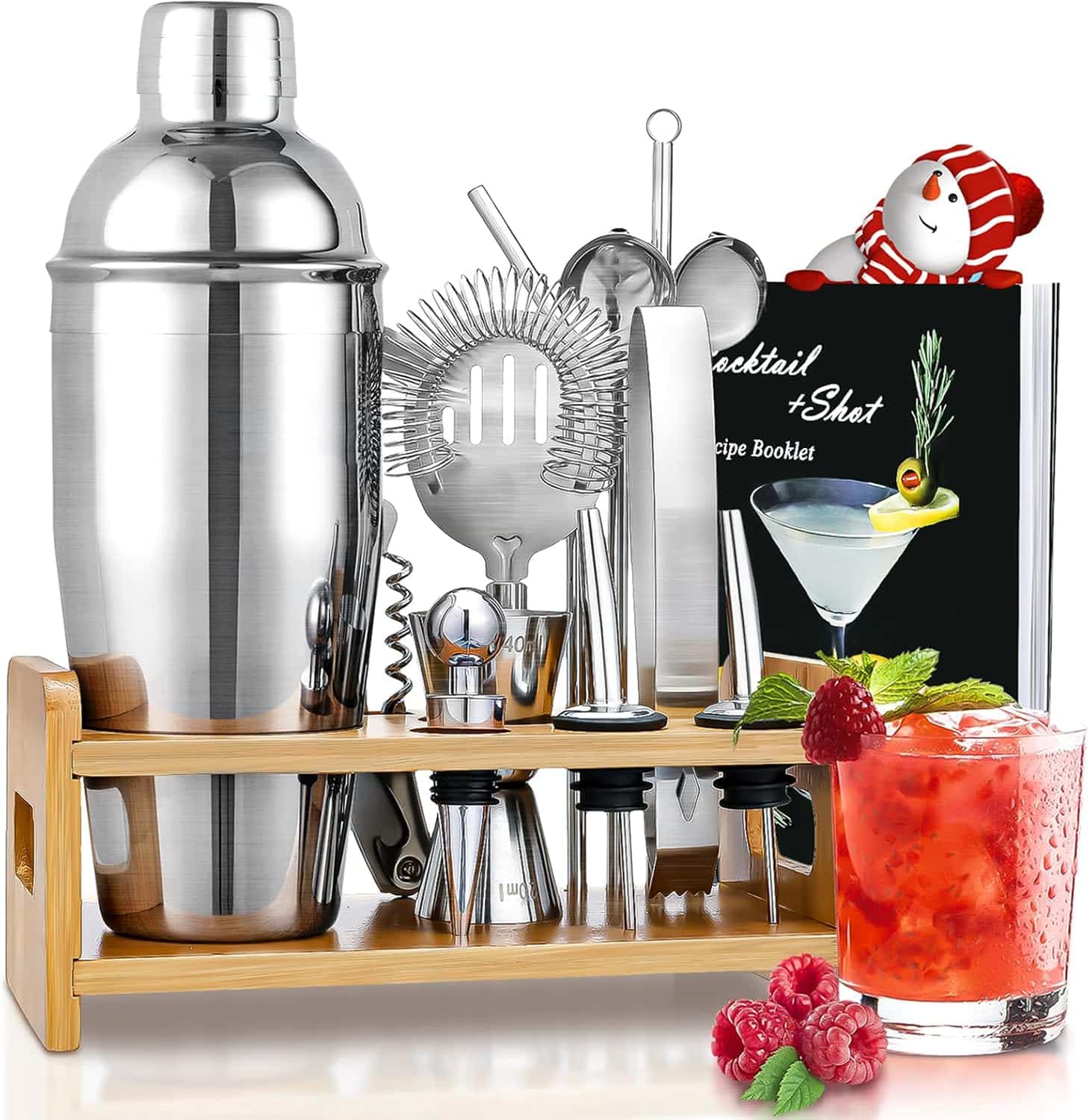 71jCMRhsgqL._AC_SL1500_ Cocktail Shaker Set – 15-teiliges Edelstahl Bar-Set mit Bambusständer & Rezeptbuch – Bild 1