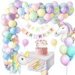 MMTX Einhorn Geburtstagsdeko Mädchen, Pastell Geburtstags deko Luftballons mit riesigem 3D-Einhorn Luftballons, Happy Birthday Girlanden, Tischdecke Kindergeburtstag deko Kinder Junge Dekor Mehrweg