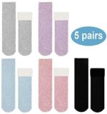 EXTSUD warme Hüttensocken 5 Paar Wintersocken Kuschelsocken aus Baumwolle Rutschfeste Thermal Socken für Erwachsene Damen Mädchen,Grösse 35-42 Schwarz,Lila,Blau,Grau,Pink – Bild 6