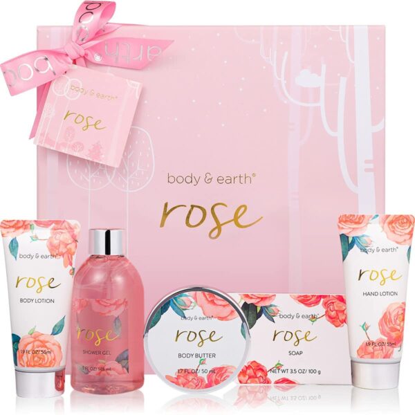 Geschenkbox für Frauen, Body&Earth Rose 6-tlg. Geburtstagsgeschenk für Frauen mit Duschgel, Körperbutter, Handcreme