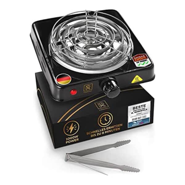 M. ROSENFELD Shisha Set - Elektrischer Kohleanzünder für Shisha Kohle BLACKHEAT 1000W + Set (Schwarz Glanz)