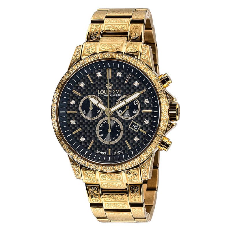 LOUIS XVI Herren-Armbanduhr Palais Royale Stahlband Gold Schwarz Karbon echte Diamanten Chronograph Analog Quarz Edelstahl 873 LOUIS XVI Herren-Armbanduhr Palais Royale Stahlband Gold Schwarz Karbon echte Diamanten Chronograph Analog Quarz Edelstahl 873