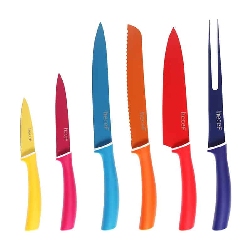 Hecef Bunte Messerset von 6 Super Scharfe Antihaft-Edelstahlmesser mit Klingenschutzwache (Reine Farbe beschichtet) Hecef Bunte Messerset von 6 Super Scharfe Antihaft-Edelstahlmesser mit Klingenschutzwache (Reine Farbe beschichtet)
