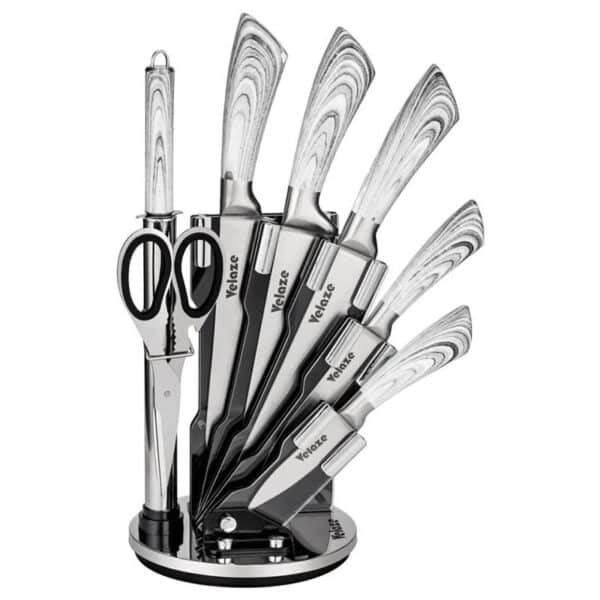 Velaze Küchenmesser Set, Messerblock mit Messer Set, Messerset 8-teilig, inkl. Kochmesser Fleischmesser Brotmesser Küchenschere & Wetzstahl, Ergonomischer Griff, Extra Scharf & Rostfrei