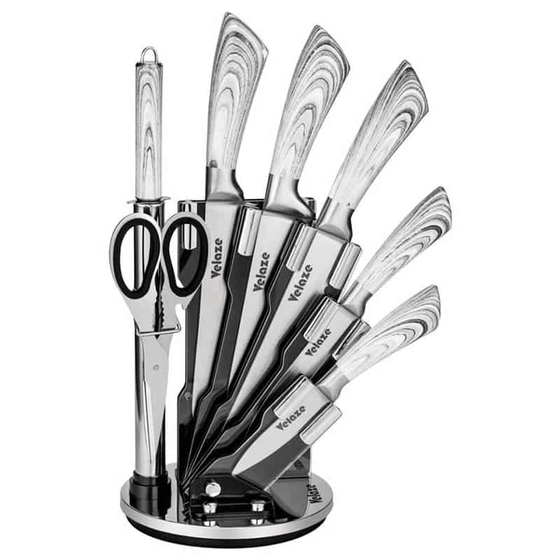 Velaze Küchenmesser Set, Messerblock mit Messer Set, Messerset 8-teilig, inkl. Kochmesser Fleischmesser Brotmesser Küchenschere & Wetzstahl, Ergonomischer Griff, Extra Scharf & Rostfrei Velaze Küchenmesser Set, Messerblock mit Messer Set, Messerset 8-teilig, inkl. Kochmesser Fleischmesser Brotmesser Küchenschere & Wetzstahl, Ergonomischer Griff, Extra Scharf & Rostfrei