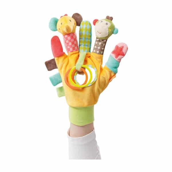 Fehn 074604 Spielhandschuh Safari – Fingerpuppen-Handschuh Affe und Elefant mit Rassel und Quietsche für Babys und Kleinkinder ab 0+ Monaten