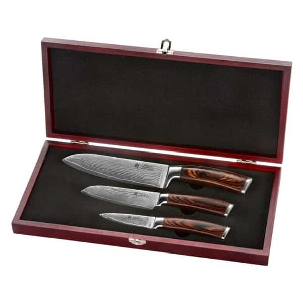 Wakoli Edib 3er Damastmesser-Set mit Klingenlängen von 8,50cm bis 17,00cm extrem scharf aus 67 Lagen I Profi Küchenmesser Set aus echtem japanischen Damaststahl mit Griffen aus Pakkaholz und Holzbox