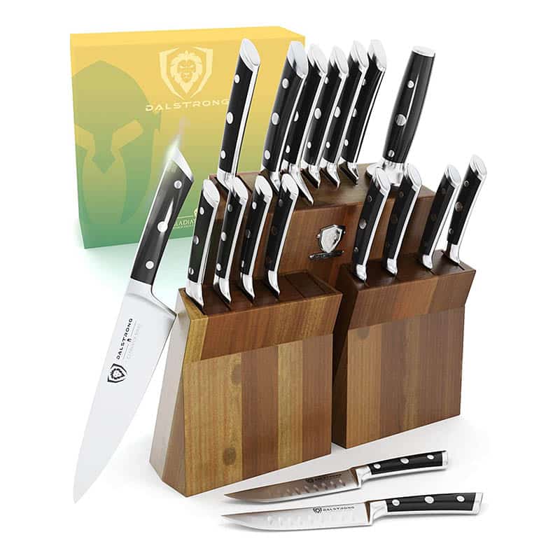 DALSTRONG Knife Set Block - 18 Pc - Gladiator Series - Colossal Knife Set - German HC Steel - Acacia Wood Stand - Black Handles - NSF Certified DALSTRONG Knife Set Block - 18 Pc - Gladiator Series - Colossal Knife Set - German HC Steel - Acacia Wood Stand - Black Handles - NSF Certified