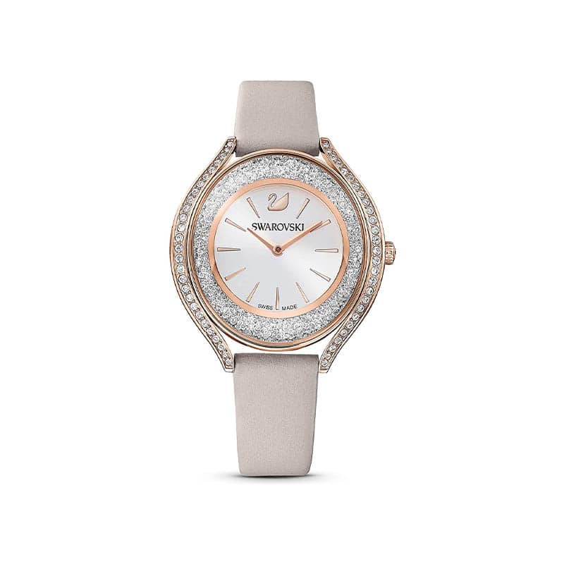 Swarovski Crystalline Aura Uhr, Damenuhr mit Rosé Vergoldetem Gehäuse, Silbernem Zifferblatt, Swarovski Kristallen und Taupefarbenem Lederarmband Swarovski Crystalline Aura Uhr, Damenuhr mit Rosé Vergoldetem Gehäuse, Silbernem Zifferblatt, Swarovski Kristallen und Taupefarbenem Lederarmband