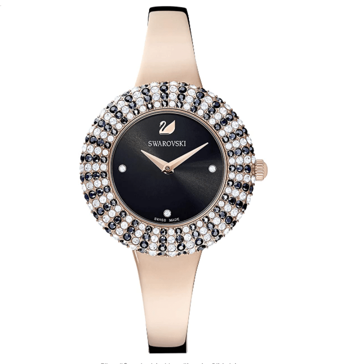 Swarovski Crystal Rose Uhr, Damenuhr mit Rosé Vergoldetem Gehäuse und Metallarmband, Schwarzem Zifferblatt und Schwarzem und Weissem Kristallpavé Swarovski Crystal Rose Uhr, Damenuhr mit Rosé Vergoldetem Gehäuse und Metallarmband, Schwarzem Zifferblatt und Schwarzem und Weissem Kristallpavé