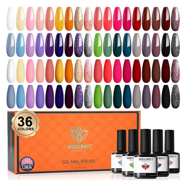 Modelones Gel Nagellack Set 36 Farben Rot Glitzer Rosa UV Gel Nagellack Pastell Weiss Schwarz Gel Lack Set für Nagelstudio Design Starter Maniküre Set Weihnachts Set