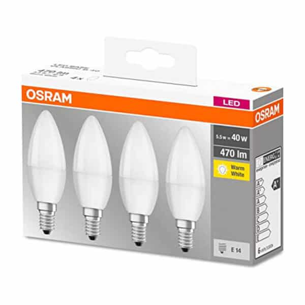 Osram LED Base Classic B Lampe, in Kerzenform mit E14-Sockel, nicht dimmbar, Ersetzt 5.5W = 40 Watt, Matt, Warmweiss - 2700 Kelvin, 4er-Pack
