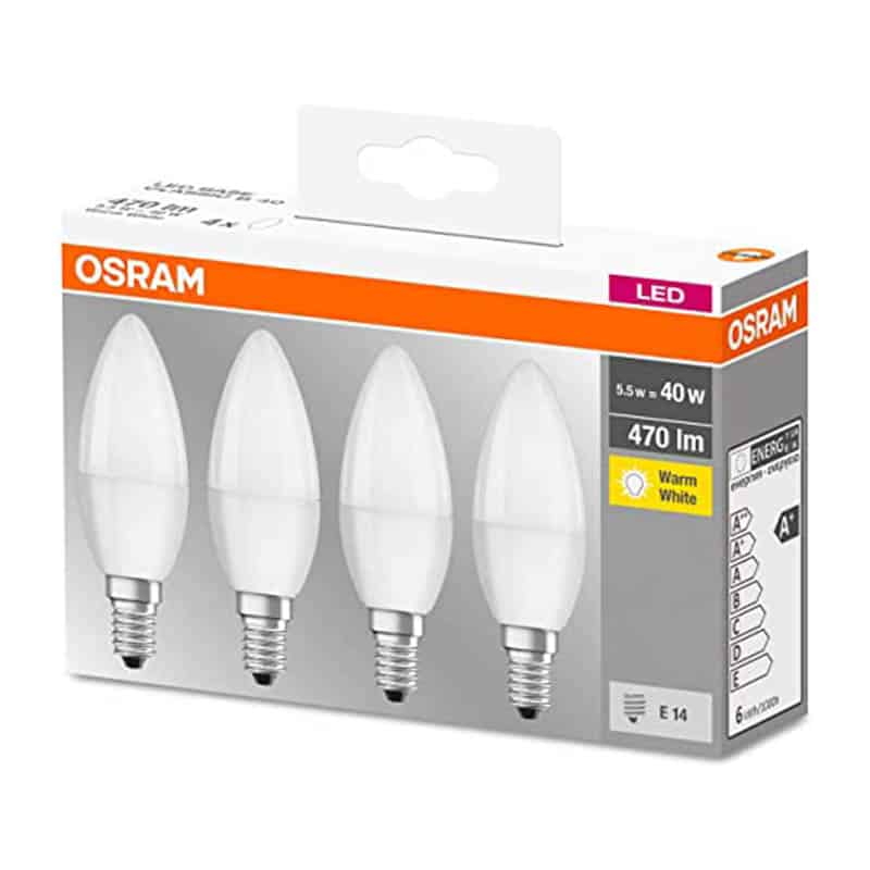 Osram LED Base Classic B Lampe, in Kerzenform mit E14-Sockel, nicht dimmbar, Ersetzt 5.5W = 40 Watt, Matt, Warmweiss - 2700 Kelvin, 4er-Pack Osram LED Base Classic B Lampe, in Kerzenform mit E14-Sockel, nicht dimmbar, Ersetzt 5.5W = 40 Watt, Matt, Warmweiss - 2700 Kelvin, 4er-Pack