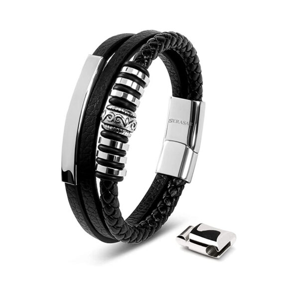 SERASAR, Premium Echtlederarmband für Männer [Shine] in Schwarz, Magnetverschluss aus Edelstahl in Schwarz, Silber & Gold, Inklusive Schmuckschachtel, Tolle Geschenkidee
