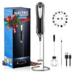 CAVN Elektrischer Milchaufschäumer mit Edelstahlständer, 2 in 1 Doppeltem Quirl 3-Gang USB Aufladbar Handheld Milchaufschäumer Mixer Milk Frother Milchschaum Eier Schlagen für Kaffee Latte Cappuccino