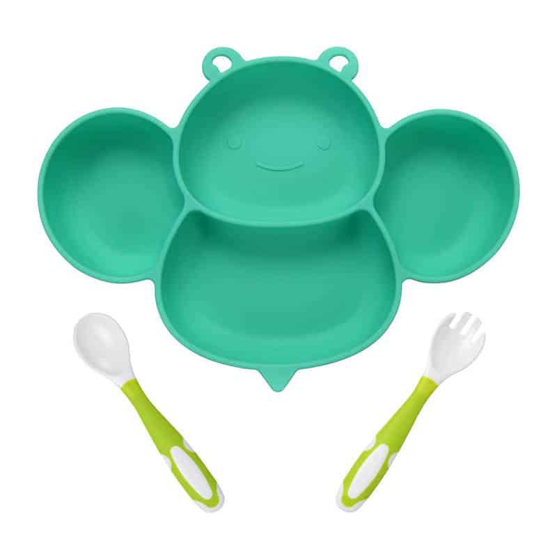 Vicloon Baby Teller, Baby Tischset Rutschfest Silikon mit Saugnäpfen und Biegsamen Löffel+Gabel, BPA-Freie, Kann in der Spülmaschine und Mikrowellem, Kinderteller für Kleinkinder und Kinder