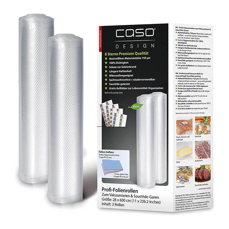 CASO Profi- Folienrollen / 2 Rollen, für alle Vakuumierer, BPA-frei, sehr stark & reissfest ca. 150µm, aromadicht, kochfest, Sous Vide, wiederverwendbar, inkl. Food Manager Sticker CASO Profi- Folienrollen / 2 Rollen, für alle Vakuumierer, BPA-frei, sehr stark & reissfest ca. 150µm, aromadicht, kochfest, Sous Vide, wiederverwendbar, inkl. Food Manager Sticker