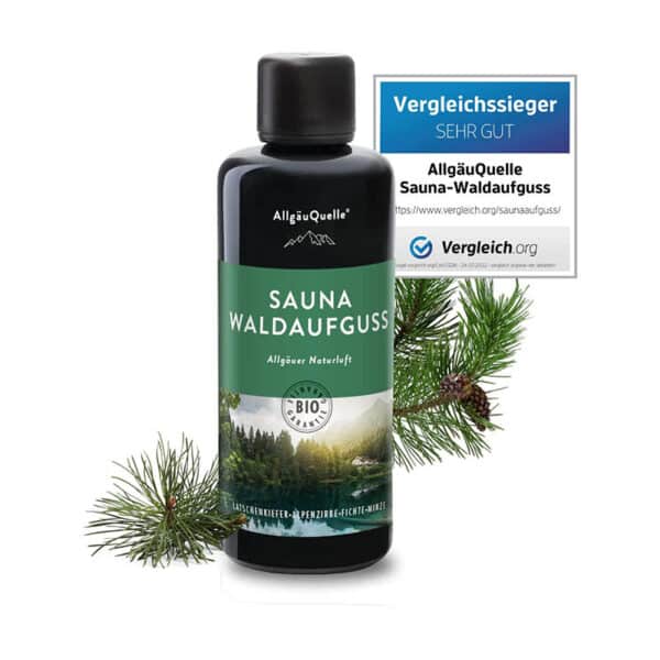 AllgäuQuelle® Saunaaufguss mit 100% BIO-Öle Waldaufguss Fichte Latschenkiefer Alpenzirbe Minze (100ml). Natürlicher Sauna-aufguss mit Sauna-ätherische-Öle im Aufguss-Mittel.
