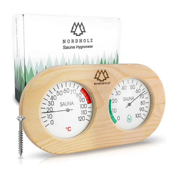 NORDHOLZ® Sauna Thermometer Hygrometer Holz - Präzise und leicht ablesbare Anzeige für die richtige Temperatur und Luftfeuchtigkeit - Sauna Hygrometer Thermometer - Hochwertiges Sauna Zubehör