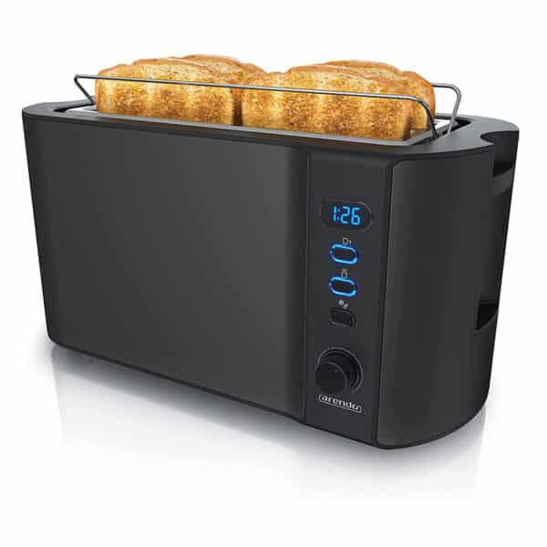 Arendo, Edelstahl Toaster Langschlitz 4 Scheiben, Defrost Funktion, wärmeisolierendes Gehäuse, mit integrierten Brötchenaufsatz, Krümelschublade, Display mit Restzeitanzeige