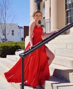 Ballkleider Damen Lang, Frauen Elegant Neckholder Backless Lang Kleider, A-Linie Criss-Cross Satin Spaghetti Party Prom Dress Seitenschlitz Hochzeit Abendparty Kleid mit Taschen – Bild 4