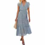 SEVETAT Damen Chiffon Boho Lange Kleid mit Gürtel Sommerkleid Partykleid Elegant V-Ausschnitt Maxikleid Blumenkleid Abendkleid Rüschen Strandkleid Cocktailkleid