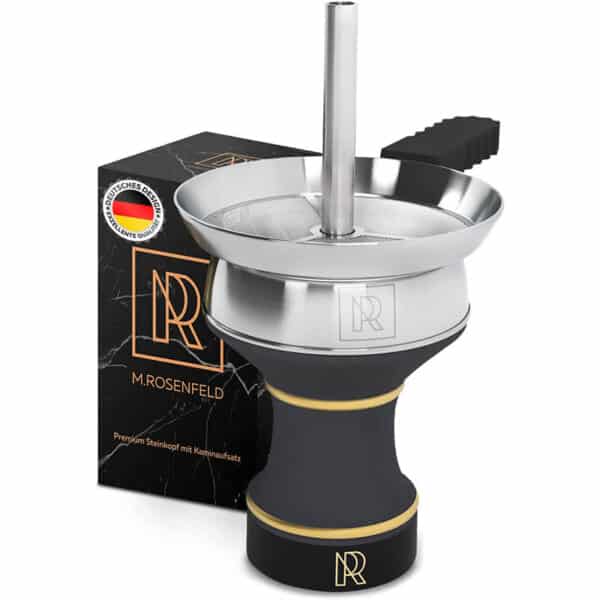 M. ROSENFELD Steinkopf Shisha, edler Shisha Kopf, schwarz, Handarbeit, Shishakopf glasiert für optimale Wärmespeicherung & M. ROSENFELD Shisha Steinkopf Set, massiver Shisha Kopf mit Kaminaufsatz