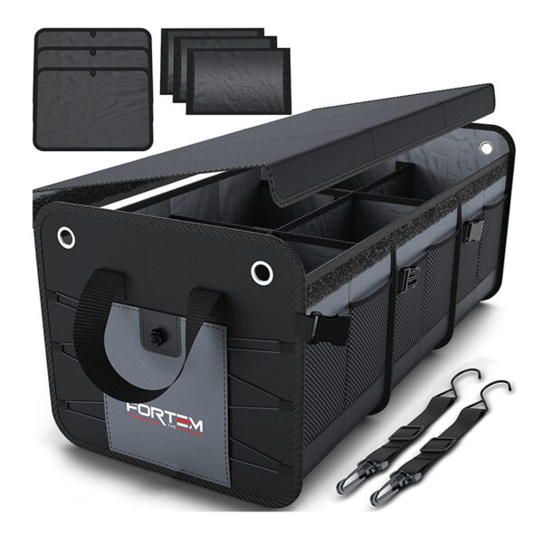 Fortem Kofferraum Organizer, Kofferraumtasche, Zusammenklappbarer Auto Organizer Kofferraum mit Fächern, Rutschfester Boden, Verstellbare Sicherungsriemen, Klappbarer Deckel