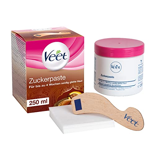 Veet Zuckerpaste mit Arganöl, geeignet zur Haarentfernung am Körper & den Beinen, Holzspatel & Stoffstreifen, Veet Sugaring