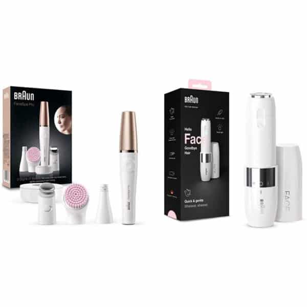 Braun FaceSpa Pro Beauty Set mit Gesichtsepilierer, Gesichtsreinigungsbürste, Aufsatz, Halter und Tasche, SE912, weiss/bronze & Face Mini-Haarentferner, für Damen, FS1000