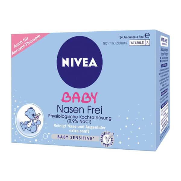 NIVEA BABY Nasen frei (24 Ampullen à 5 ml), Nasenpflege mit Kochsalzlösung reinigt Nase und Augenlider, befeuchtet die Nase und erleichtert das Atmen