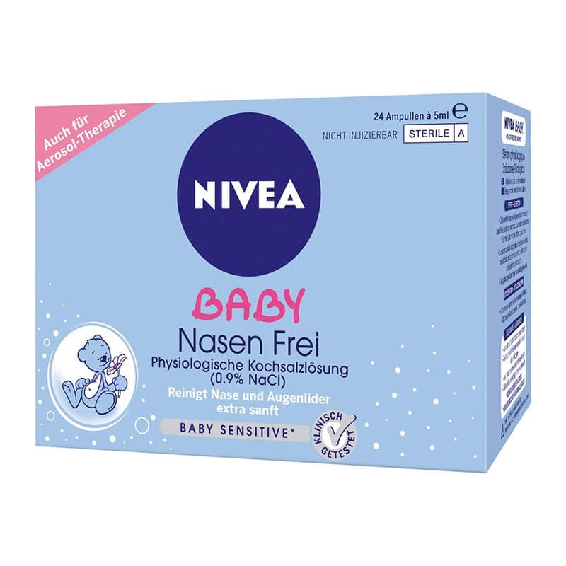NIVEA BABY Nasen frei (24 Ampullen à 5 ml), Nasenpflege mit Kochsalzlösung reinigt Nase und Augenlider, befeuchtet die Nase und erleichtert das Atmen NIVEA BABY Nasen frei (24 Ampullen à 5 ml), Nasenpflege mit Kochsalzlösung reinigt Nase und Augenlider, befeuchtet die Nase und erleichtert das Atmen