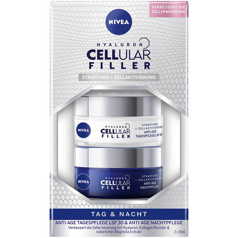 NIVEA Hyaluron Cellular Filler Anti-Age Tag &Nacht Set (2 x 50 ml), Set mit Tagespflege & Nachtpflege, Gesichtspflege mit Hyaluron, Kollagen Booster & Magnolia Extrakt