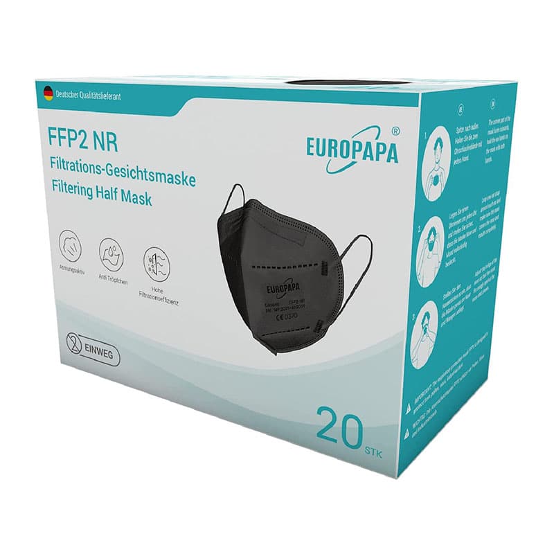 EUROPAPA® 20x FFP2 Schwarz Maske 5 Lagen Mundschutzmaske CE Stelle zertifiziert Atemschutzmasken hygienische Einzelverpackung EU 2016/425 EUROPAPA® 20x FFP2 Schwarz Maske 5 Lagen Mundschutzmaske CE Stelle zertifiziert Atemschutzmasken hygienische Einzelverpackung EU 2016/425