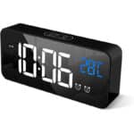 HOMVILLA Digitaler Wecker mit Grosse LED Temperaturanzeige, Tischuhr Spiegelalarm mit Dual Alarm Snooze Zeit 4 Stufen Einstellbarer Helligkeitsdimmer 13 Musik USB Ladeanschluss Nachttisch Schlafzimmer