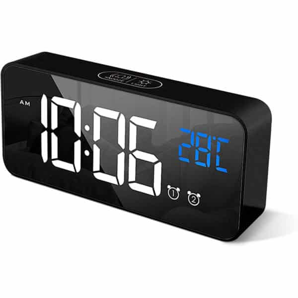HOMVILLA Digitaler Wecker mit Grosse LED Temperaturanzeige, Tischuhr Spiegelalarm mit Dual Alarm Snooze Zeit 4 Stufen Einstellbarer Helligkeitsdimmer 13 Musik USB Ladeanschluss Nachttisch Schlafzimmer