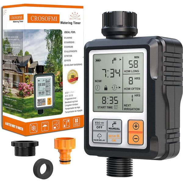 CROSOFMI Bewässerungscomputer Wasserzeitschaltuhr Garten Zeitschaltuhr Bewässerung,Grosses 3-Zoll-Display Regenverzögerung und Kindersicherung