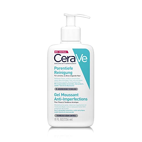 CeraVe Porentiefe Reinigung für das Gesicht, Schäumendes Reinigungsgel gegen Pickel, Für unreine und zu Akne neigender Haut, Mit Tonerde und Niacinamid, 1 x 236 ml CeraVe Porentiefe Reinigung für das Gesicht, Schäumendes Reinigungsgel gegen Pickel, Für unreine und zu Akne neigender Haut, Mit Tonerde und Niacinamid, 1 x 236 ml