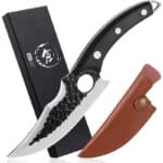 Dream Reach Ausbeinmesser Fleischerbeil Handgeschmiedete Hammer Textur Klinge Outdoor-Messer Kochmesser Full Tang gebogener Griff Metzger Fleisch Filetiermesser Hackmesser mit Lederscheide Geschenkbox