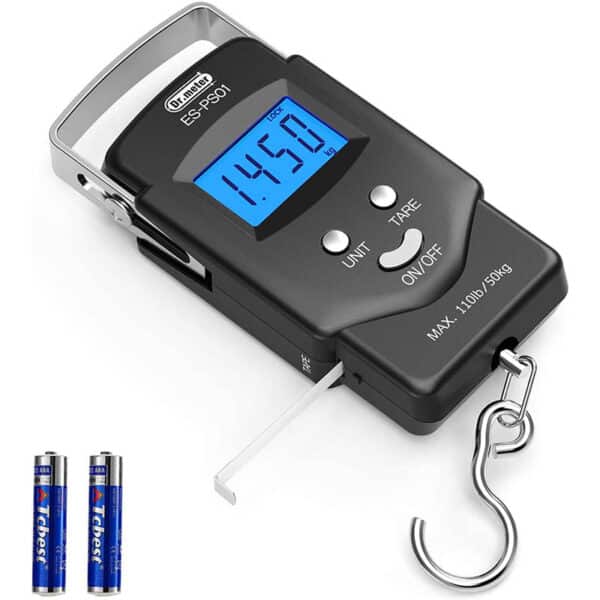 Dr.meter Digitale Kofferwaage,110 lb/50 kg Elektronische Digital Fischwaagen Handwaage mit Massband, 2 AAA Batterien enthalten, Beleuchtetes Display