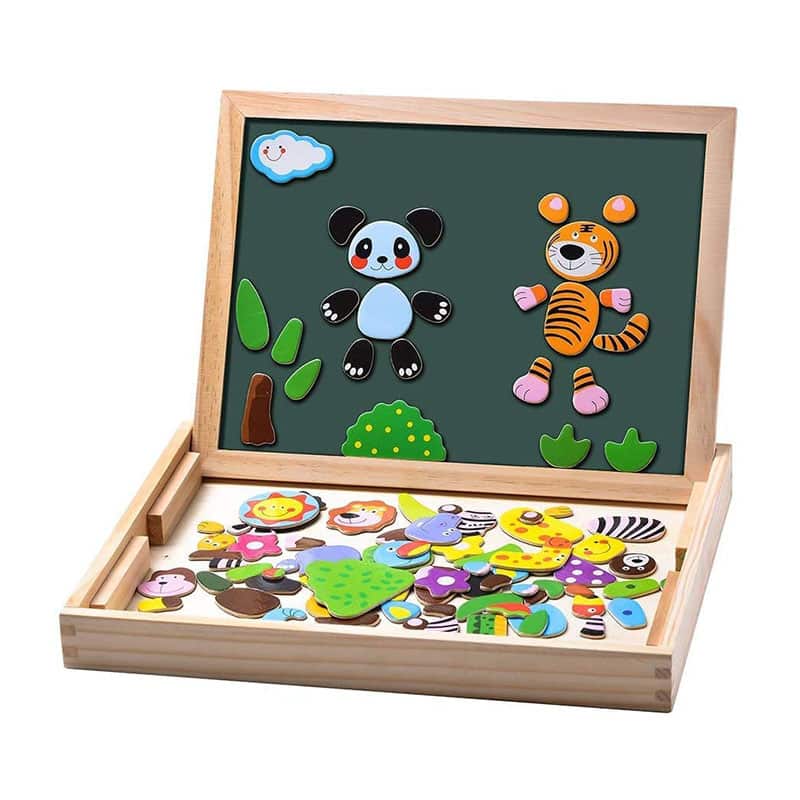 61h79aToMsL._AC_SL1001_ Uping magnetisches Holzpuzzle Staffelei doppelseitige Tafel Holzbrett Doodle 100 Stücke für ab 3 jahre Kinder Wald and Tier – Bild 1