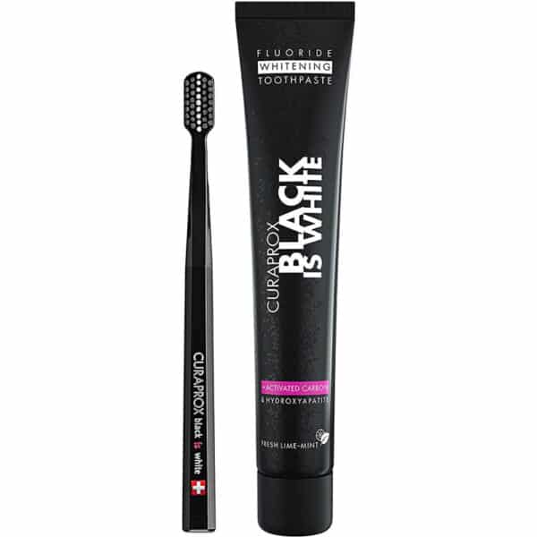 Curaprox Black is White Set für weisse Zähne, Zahnaufhellung mit schwarzer Zahncreme aus Aktivkohle, whitening toothpaste, 1x Zahnbürste und Zahnpasta 90ml