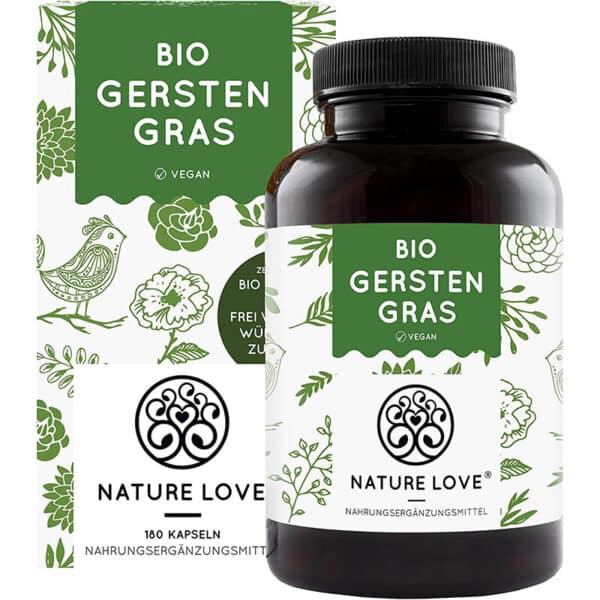 NATURE LOVE® Bio Gerstengras - Hochdosiert mit 1500mg je Tagesdosis - 180 Kapseln - Laborgeprüft und zertifiziert Bio, in Deutschland produziert