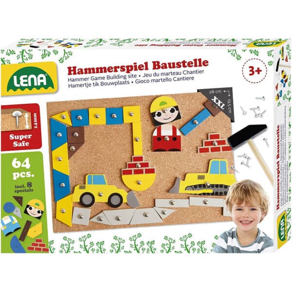 Lena 65828 Hammerspiel, Nagelspiel mit 64 bunten 8 Baustellen Teilen, Grundplatte aus Kork ca. 28 x 19,5 cm, Hammer und Nägel, Klopfspiel für Kinder ab 3 Jahre, Hämmerchenspiel
