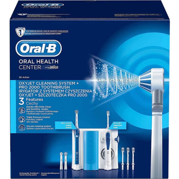 Oral-B Pro 2000 Elektrische Zahnbürste mit OxyJet Munddusche, 3 Aufsteckbürsten, 4 Ersatzdüsen, Set für Zahnreinigung und Zahnpflege, Geschenk Mann/Frau, Designed by Braun