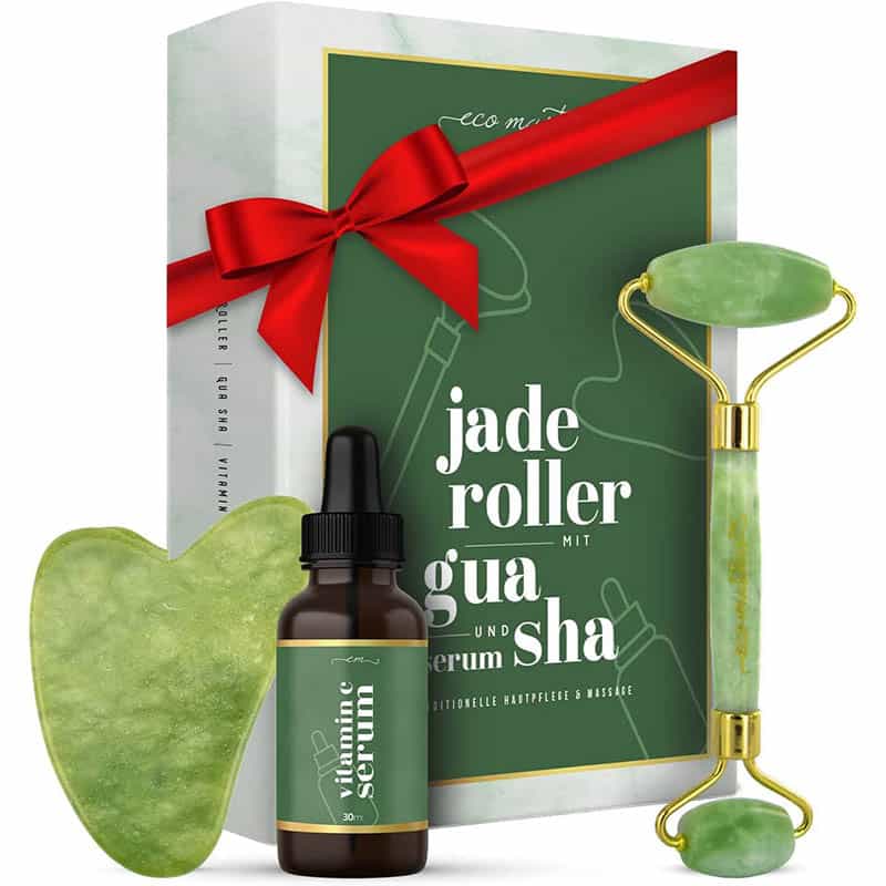 jade Jade Roller mit Vitamin C Serum & Gua Sha - Massage gegen Augenringe & Falten - Anti Aging Pflege Set mit Premium Gesichtsroller - 100% Jade Stein Beauty Rolle für Gesicht - Massagegerät – Bild 1