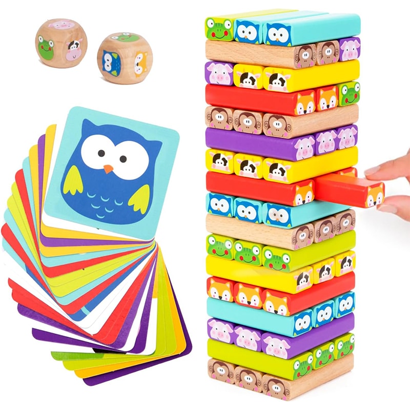 klasich Nene Toys Wackelturm 4 in 1 aus Holz mit Farben und Tieren